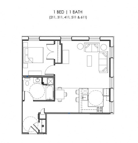 Floor plan for 1 bed, 1 bath, 702 sqft